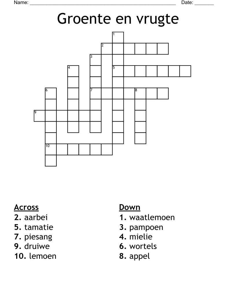 Groente en vrugte Crossword