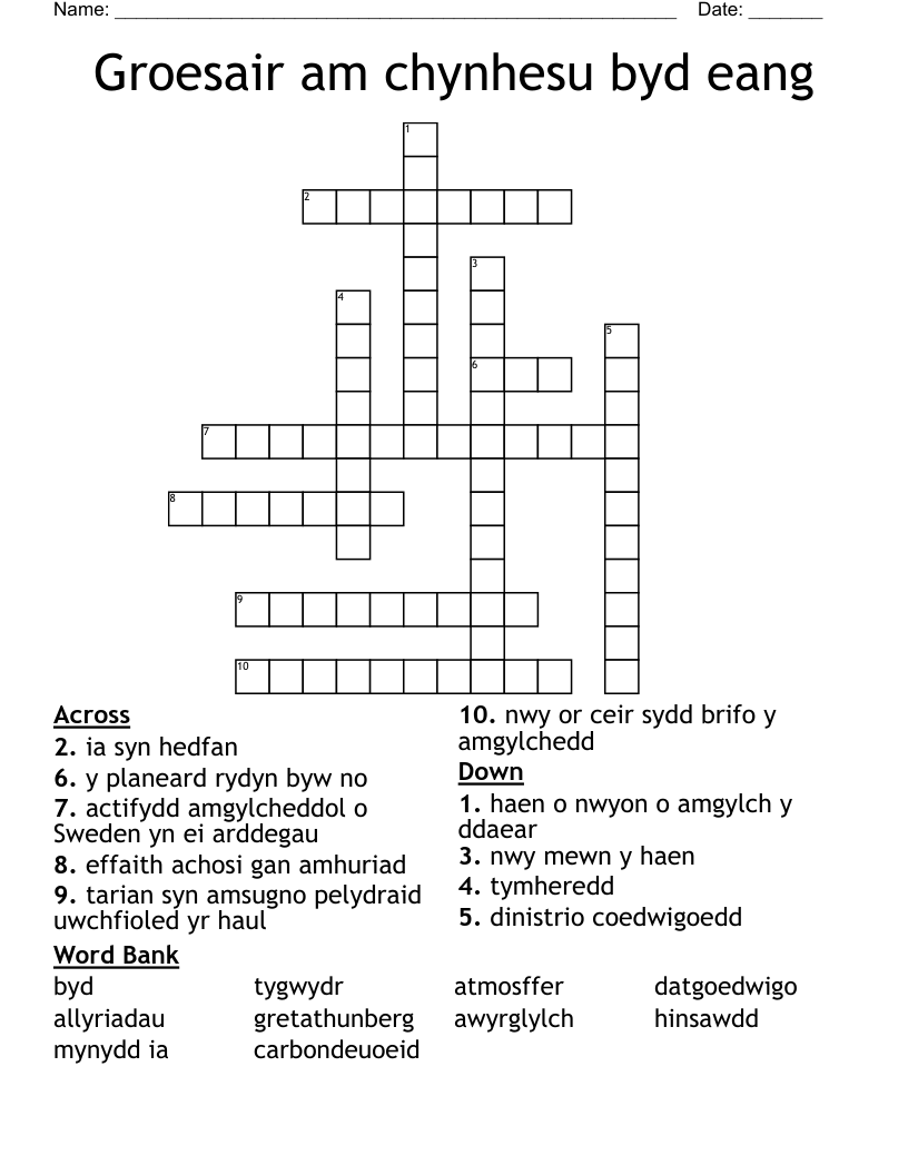 Groesair am chynhesu byd eang Crossword
