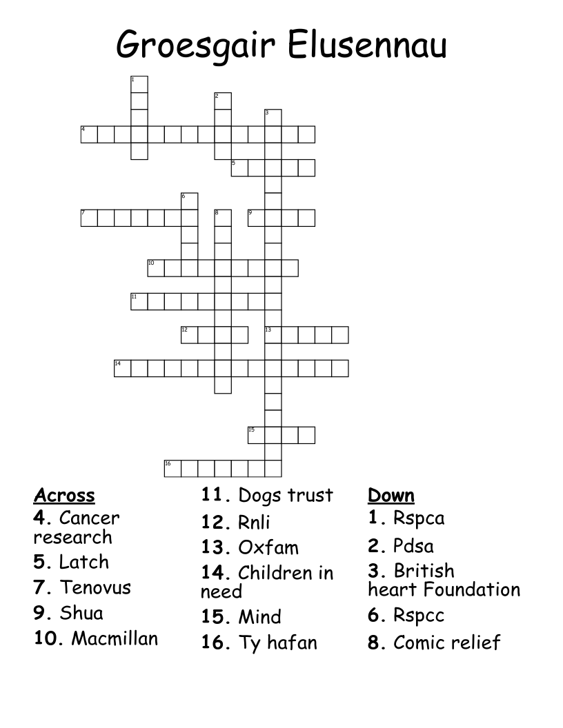 Groesgair Elusennau Crossword