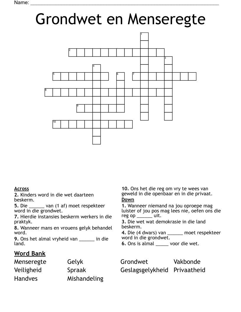 Grondwet en Menseregte Crossword