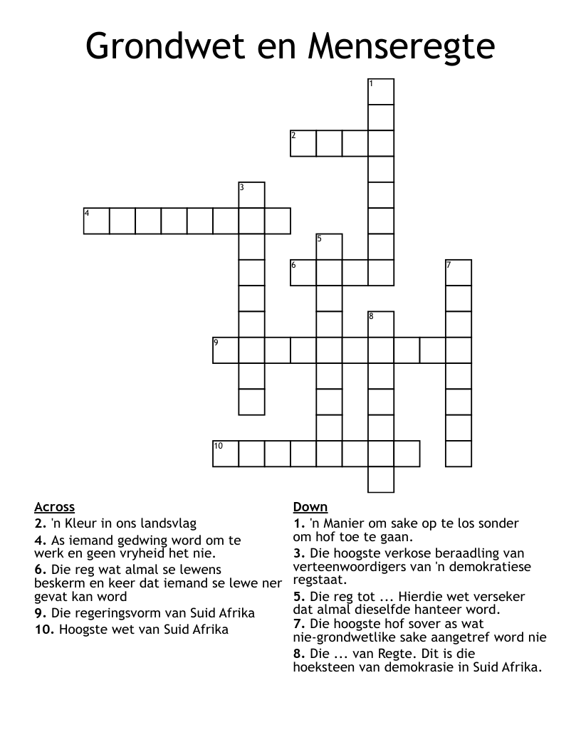 Grondwet en Menseregte Crossword