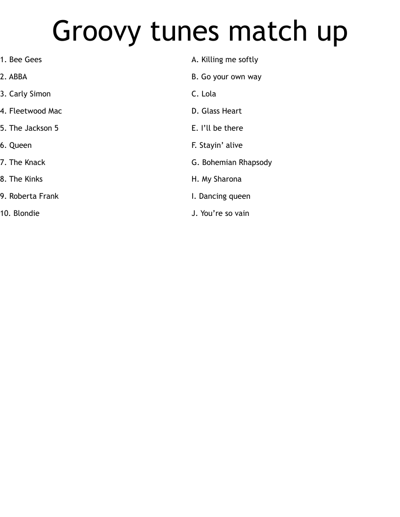 Groovy tunes match up Worksheet