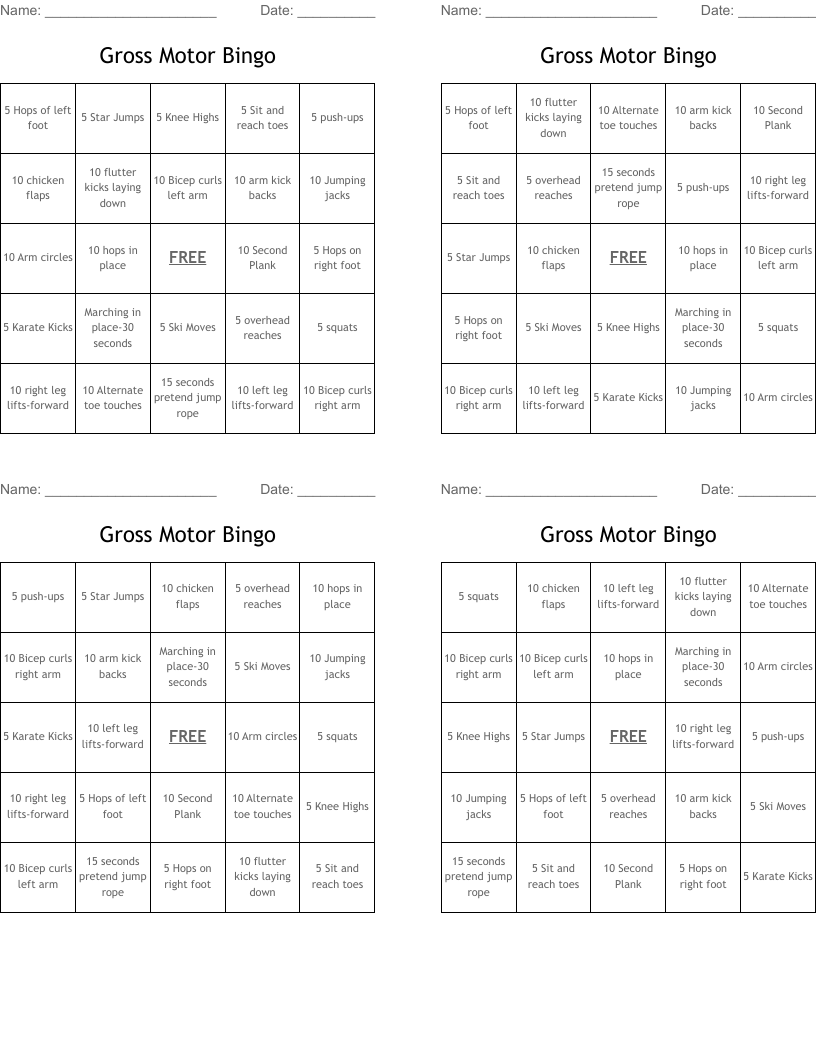 Gross Motor Bingo 