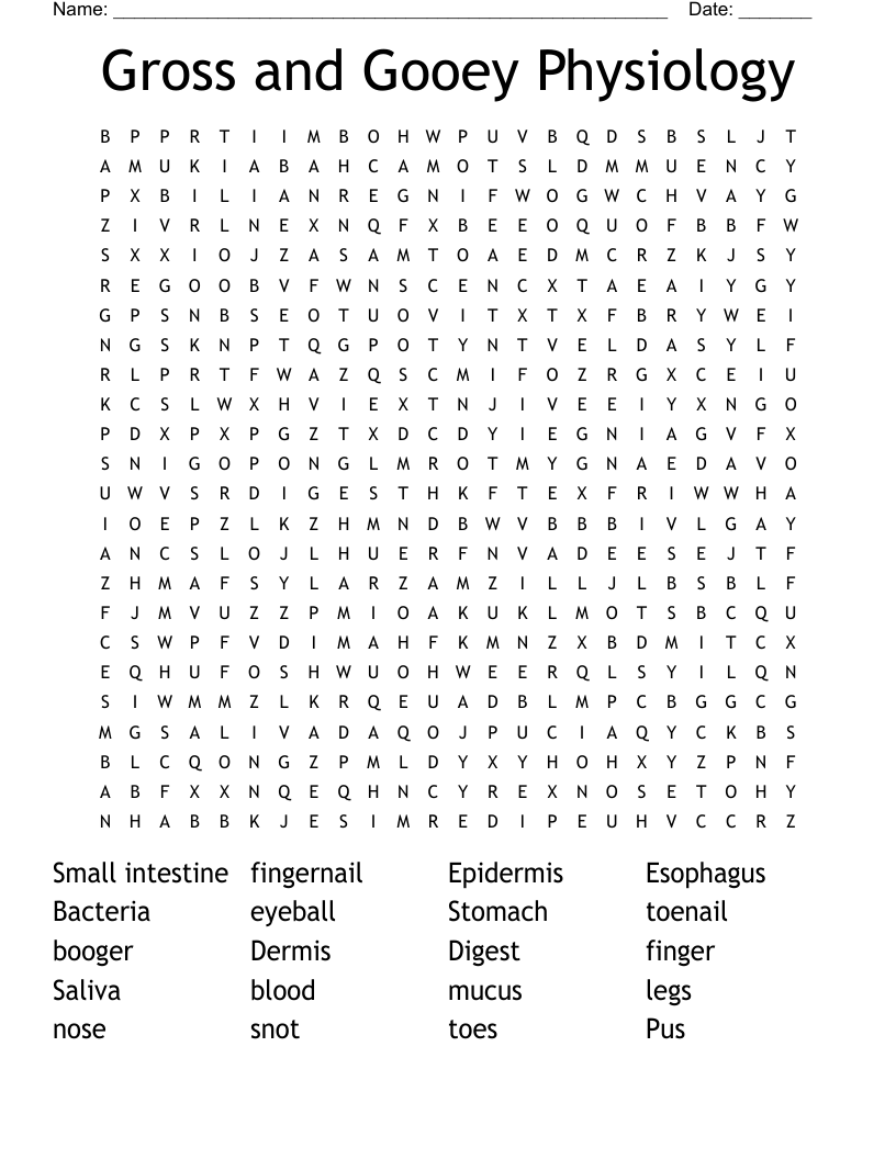 Gross and Gooey Physiology  Word Search
