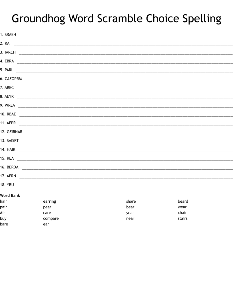 Groundhog Word Scramble Choice Spelling