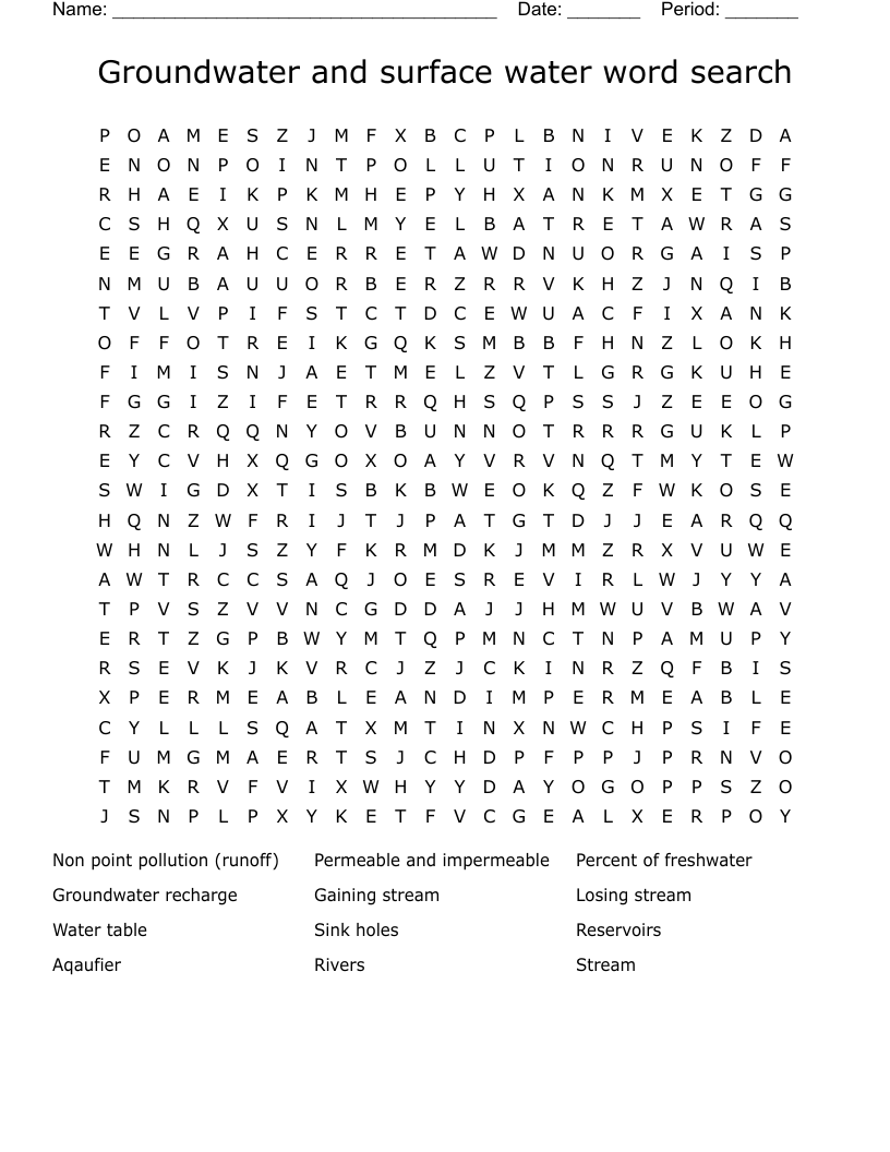 Groundwater and surface water word search 