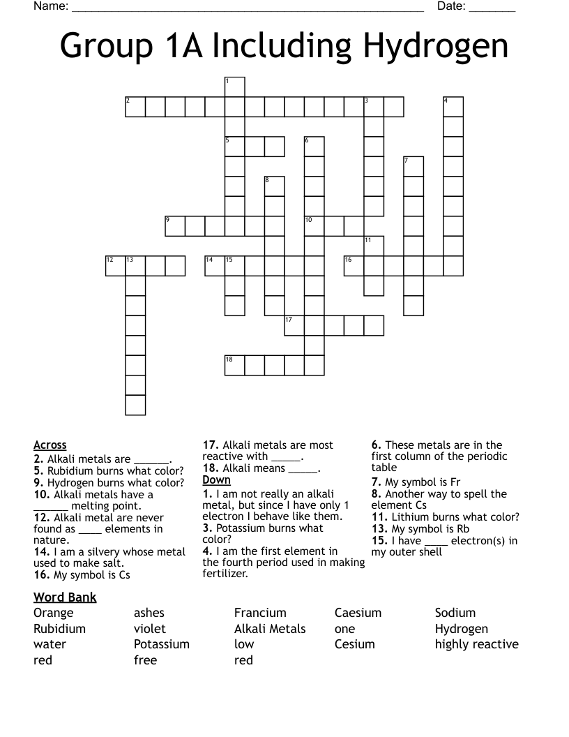 Group 1A Including Hydrogen Crossword