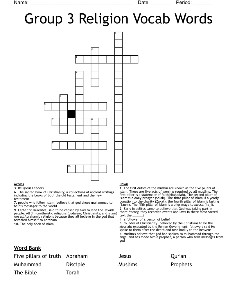 Group 3 Religion Vocab Words Crossword