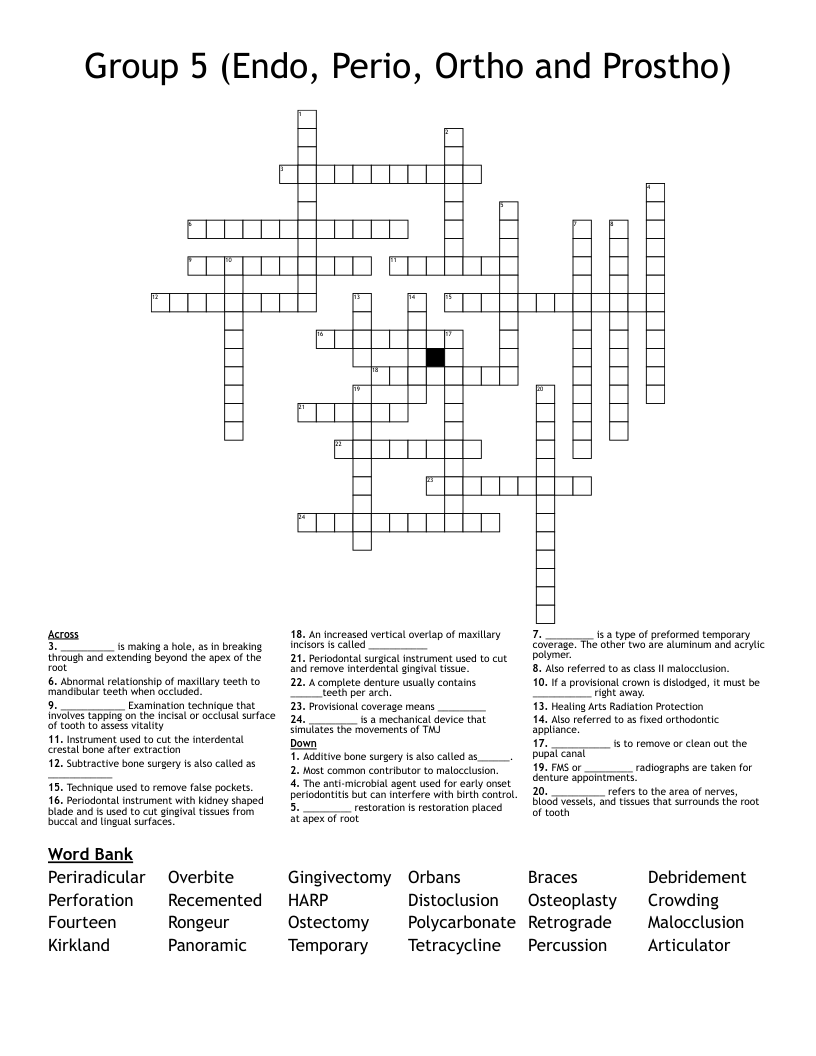 Group 5 (Endo, Perio, Ortho and Prostho) Crossword