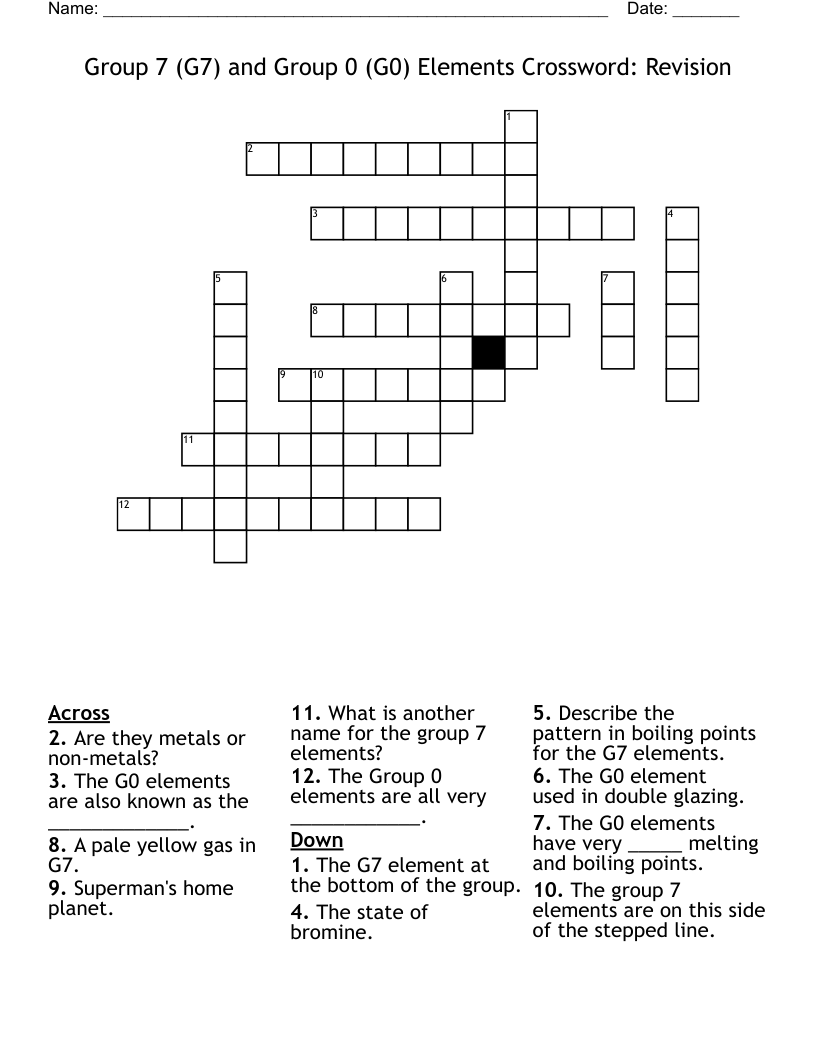 Group 7 (G7) and Group 0 (G0) Elements Crossword: Revision