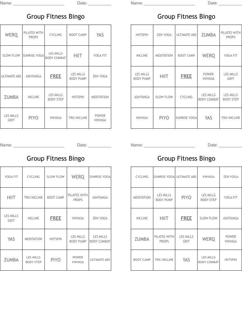 Group Fitness Bingo