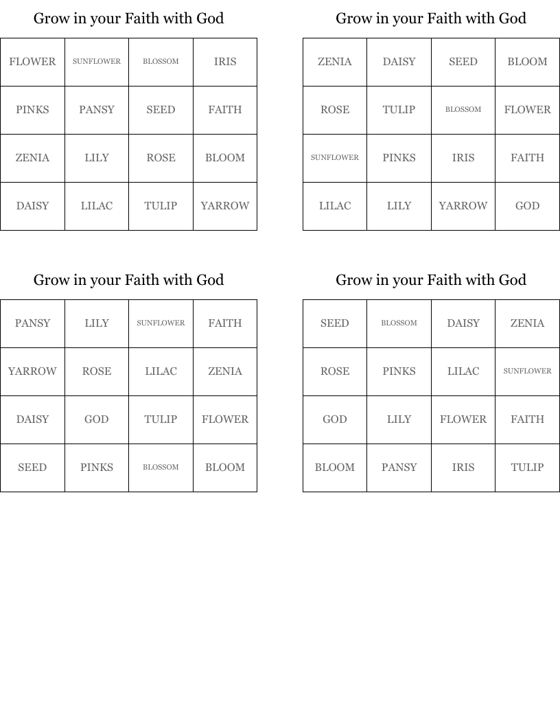 Grow in your Faith with God Bingo Cards