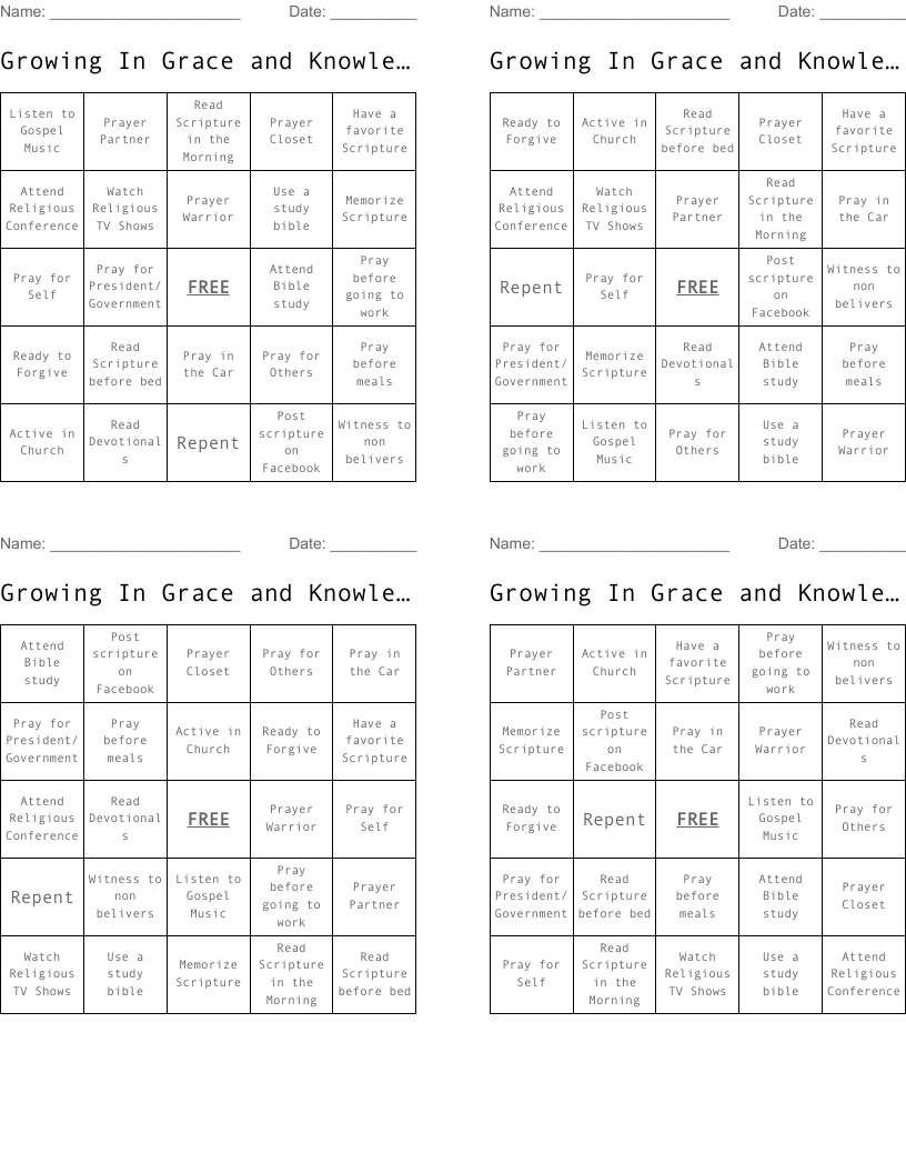 Growing In Grace and Knowledge Bingo Cards