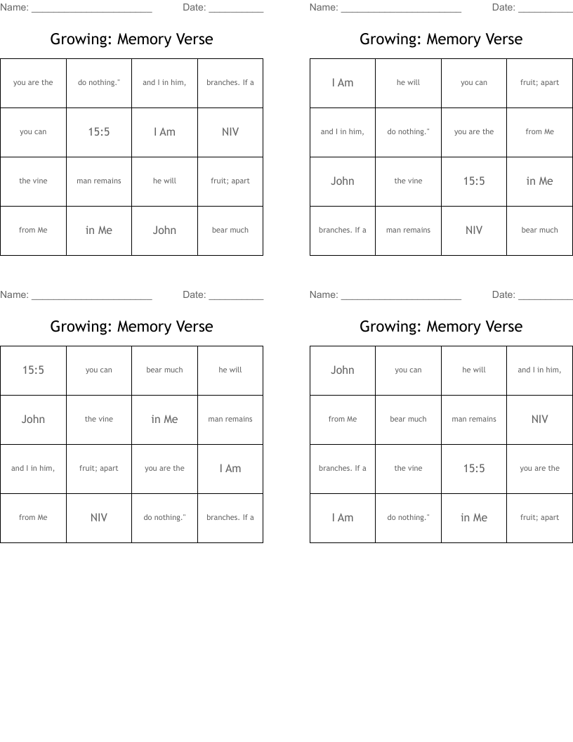 Growing: Memory Verse Bingo Cards