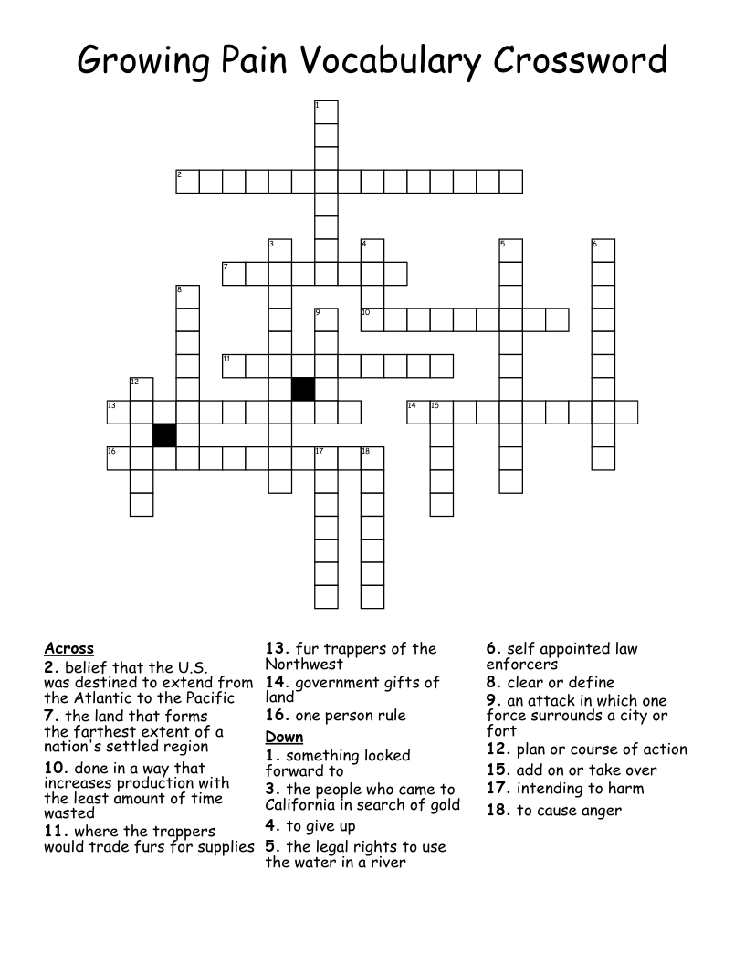 Growing Pain Vocabulary Crossword