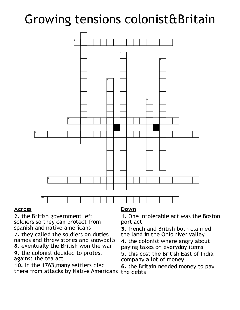 Growing tensions colonist&Britain Crossword