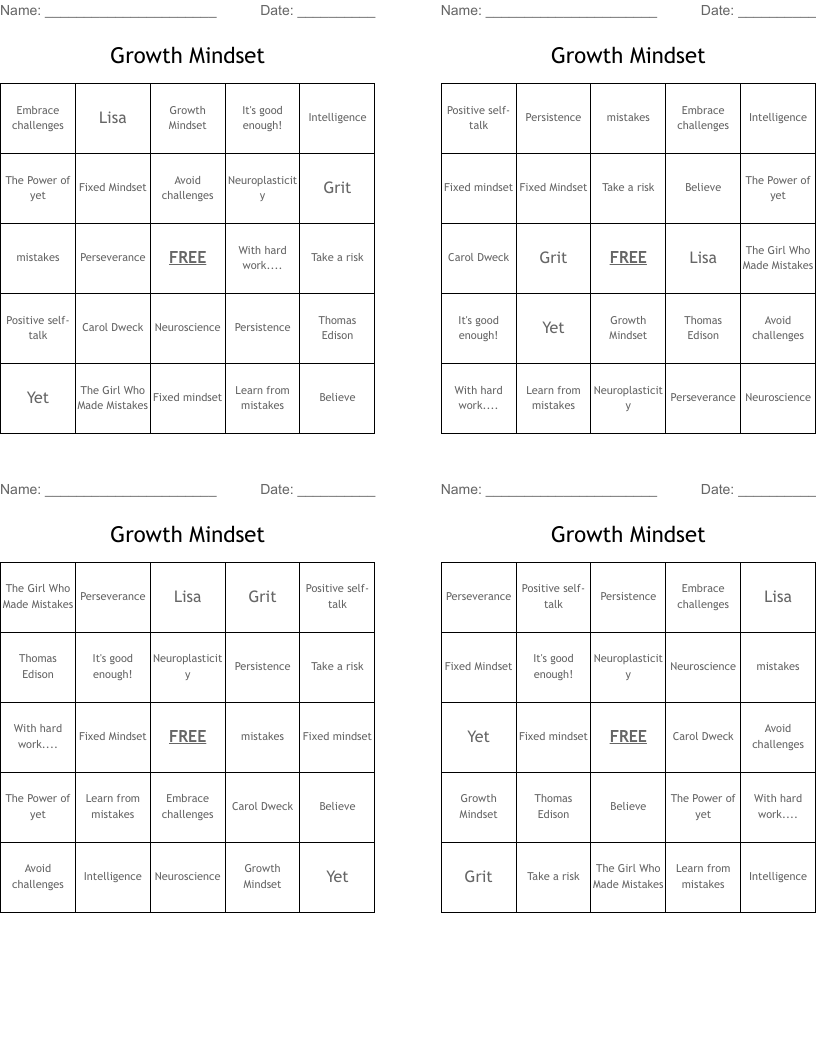 Growth Mindset Bingo Cards