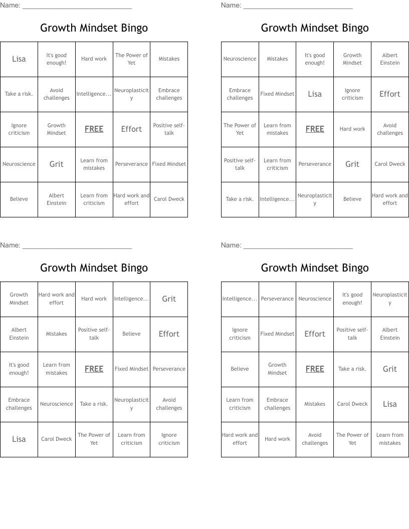 Growth Mindset Bingo