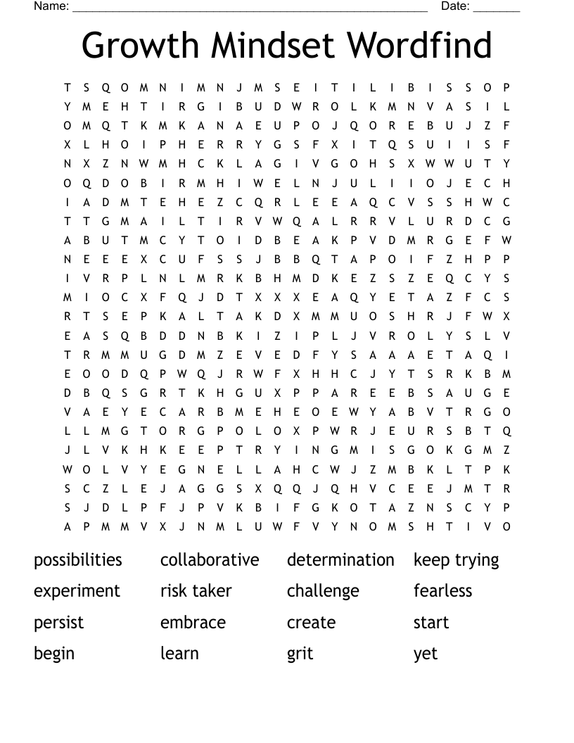 Growth Mindset Wordfind Word Search