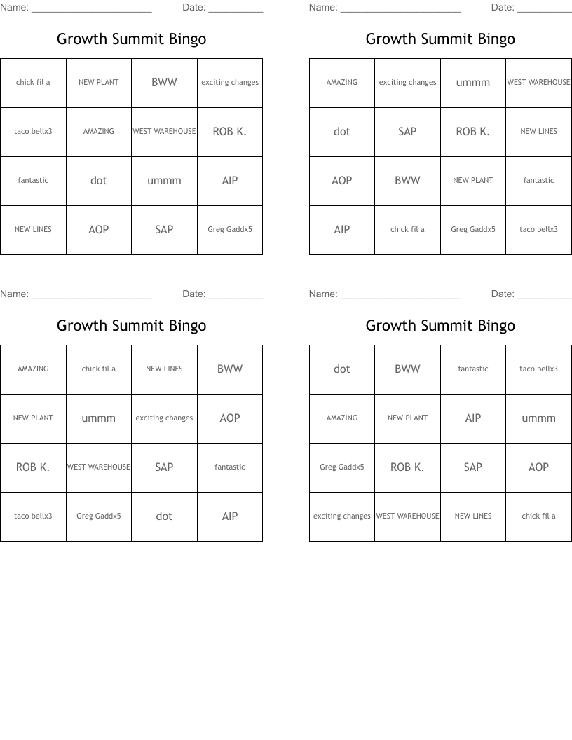 Growth Summit Bingo