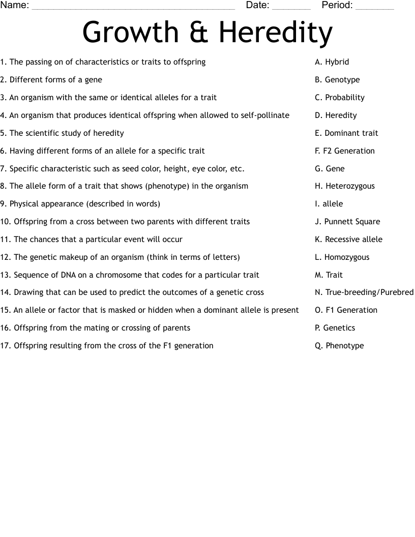 Growth & Heredity Worksheet