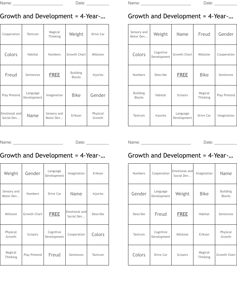 Growth and Development = 4-Year-Old (2) Bingo Cards