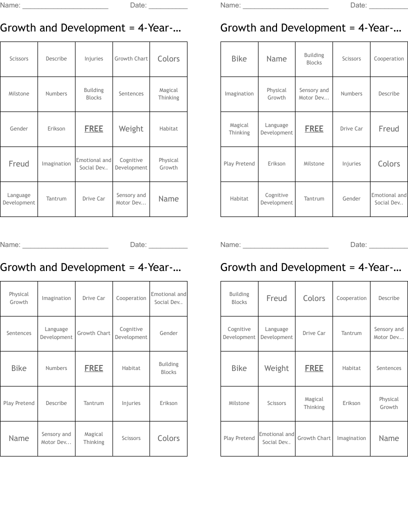 Growth and Development = 4-Year-Old Bingo Cards
