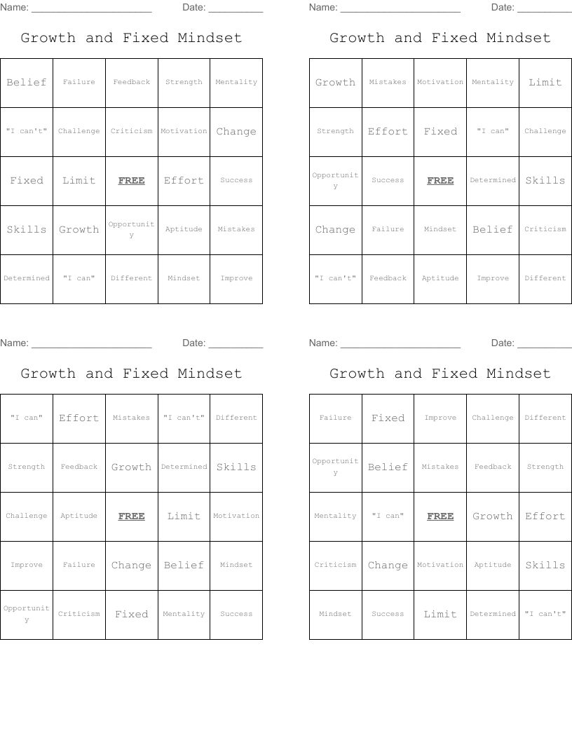 Growth and Fixed Mindset Bingo Cards