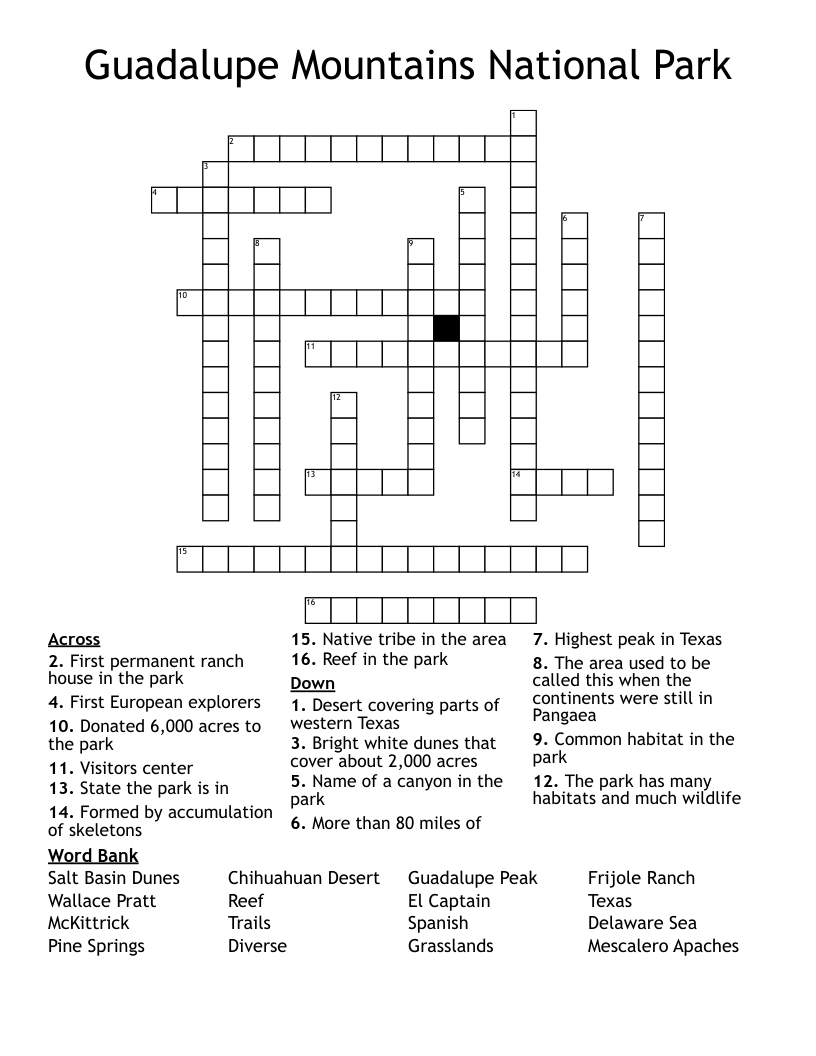 Guadalupe Mountains National Park Crossword