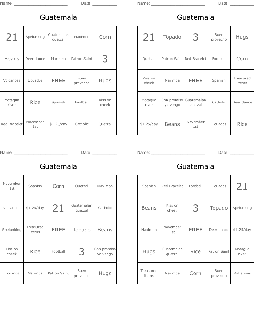 Guatemala Bingo Cards