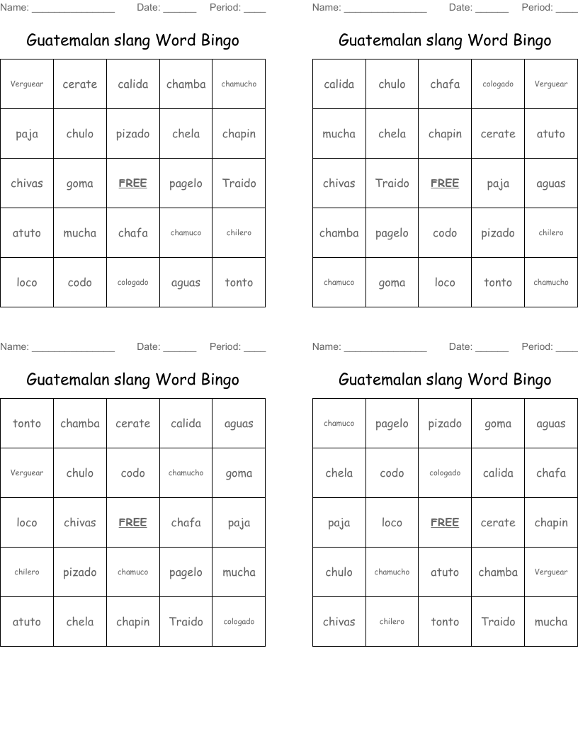 Guatemalan slang Word Bingo 