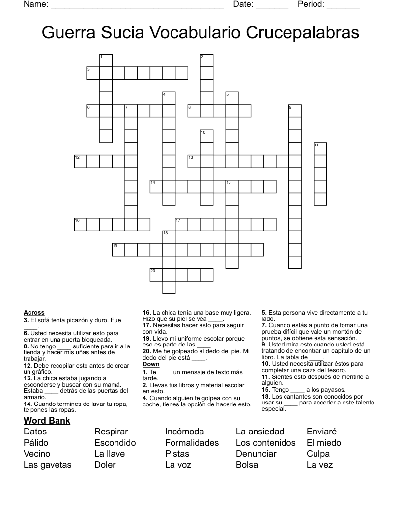 Guerra Sucia Vocabulario Crucepalabras Crossword