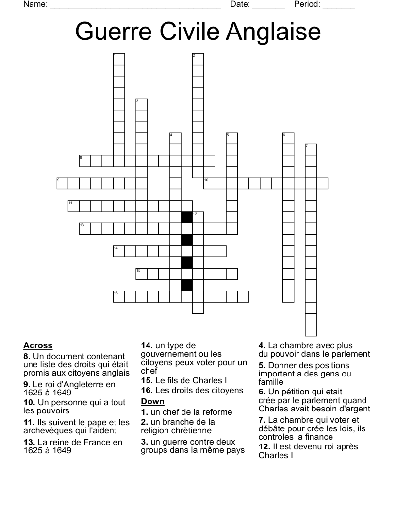 Guerre Civile Anglaise Crossword