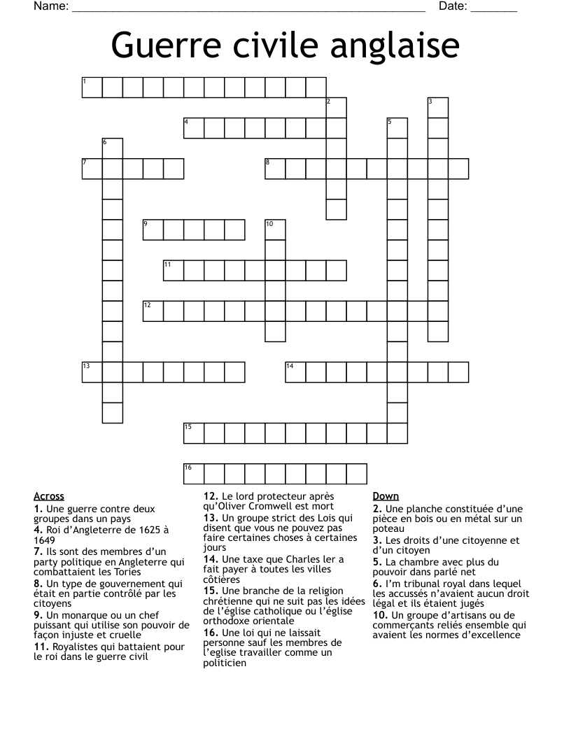 Guerre civile anglaise  Crossword