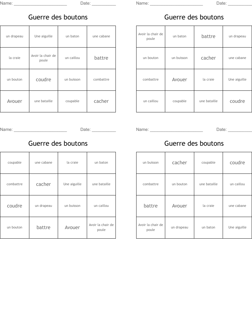 Guerre des boutons Bingo Cards