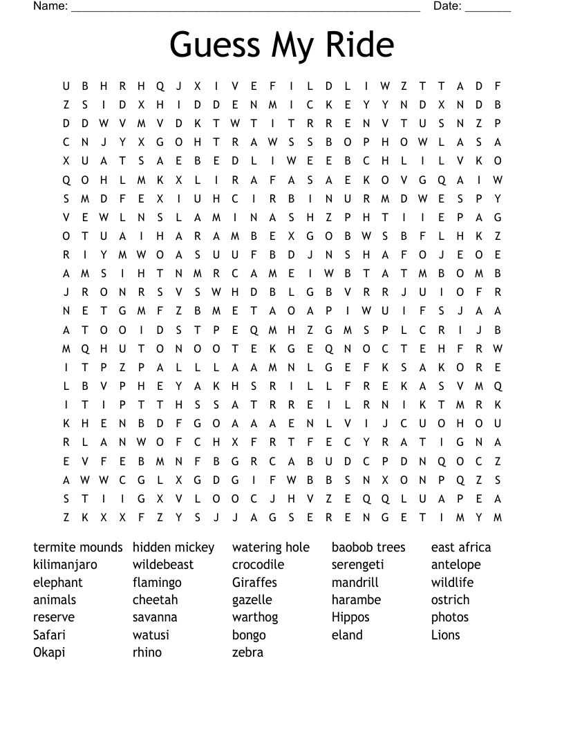 Guess My Ride Word Search