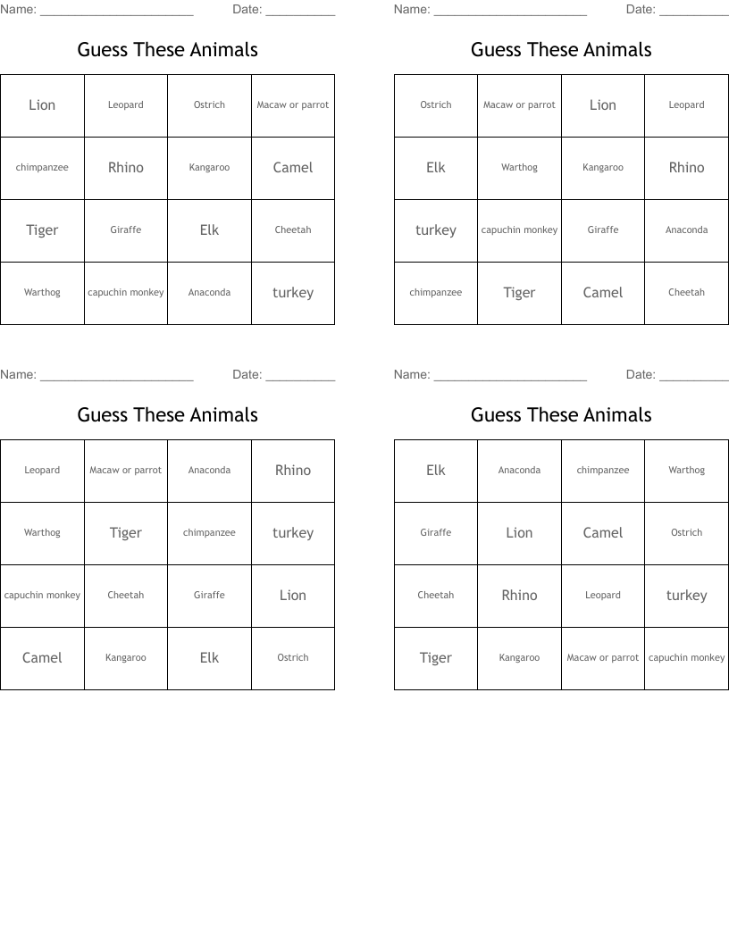 Guess These Animals Bingo Cards