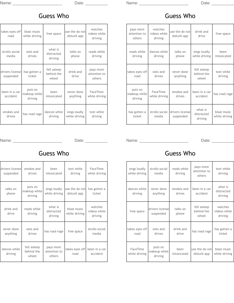 Guess Who Bingo Cards