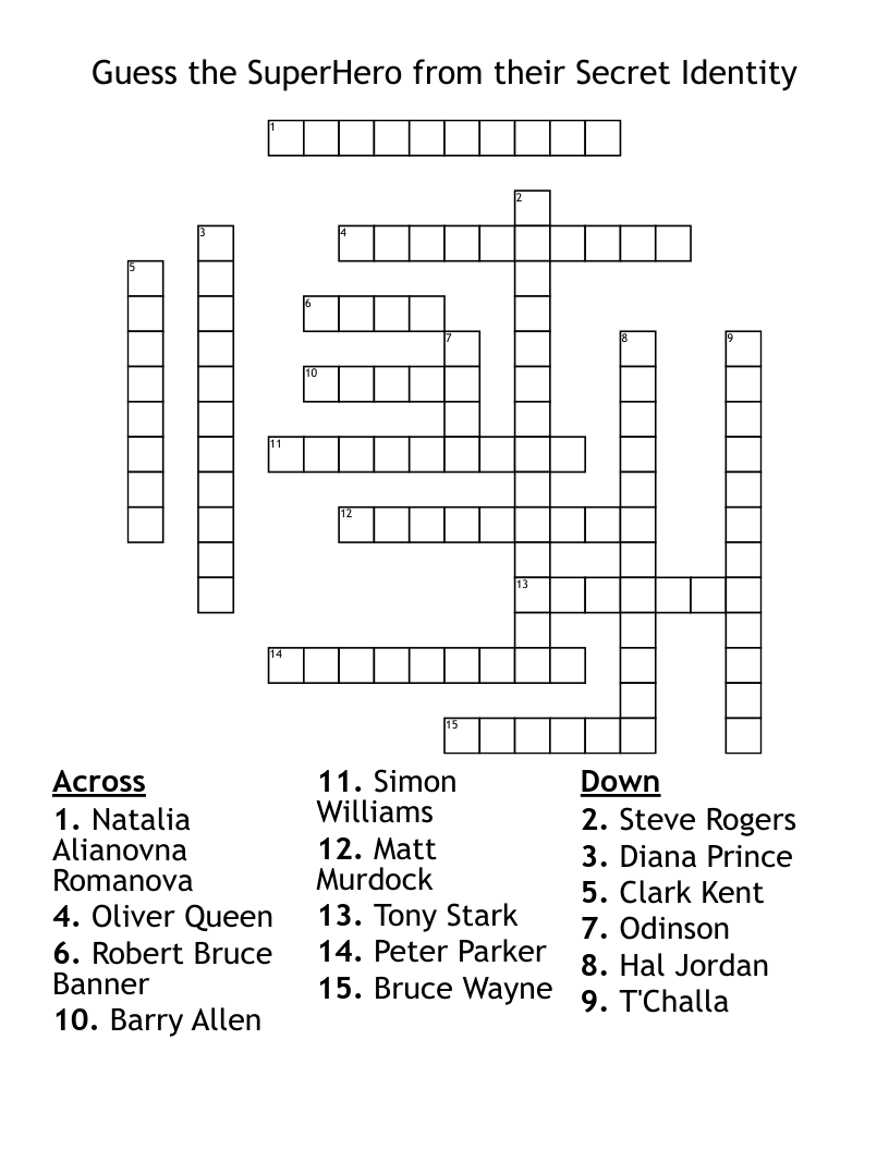 Guess the SuperHero from their Secret Identity Crossword