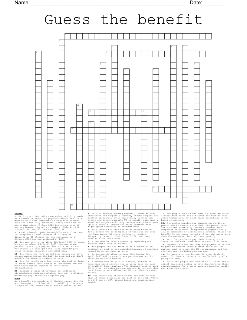 Guess the benefit Crossword