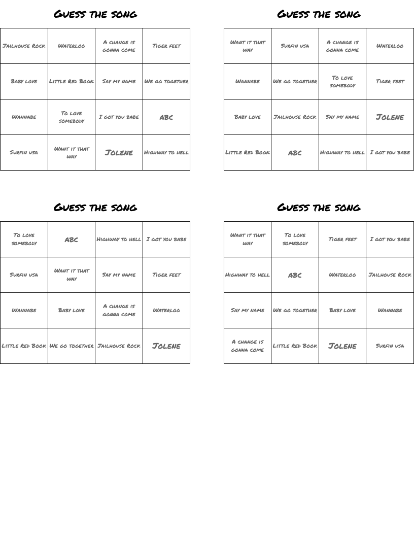 Guess the song Bingo Cards