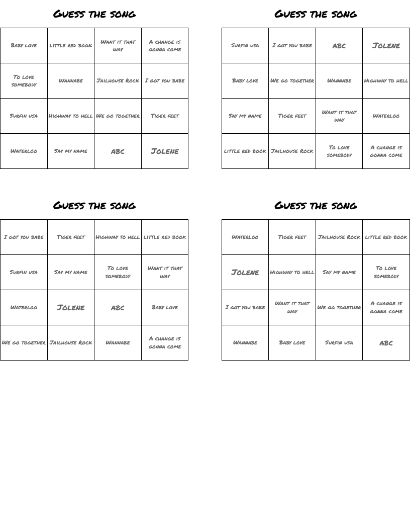 Guess the song Bingo Cards