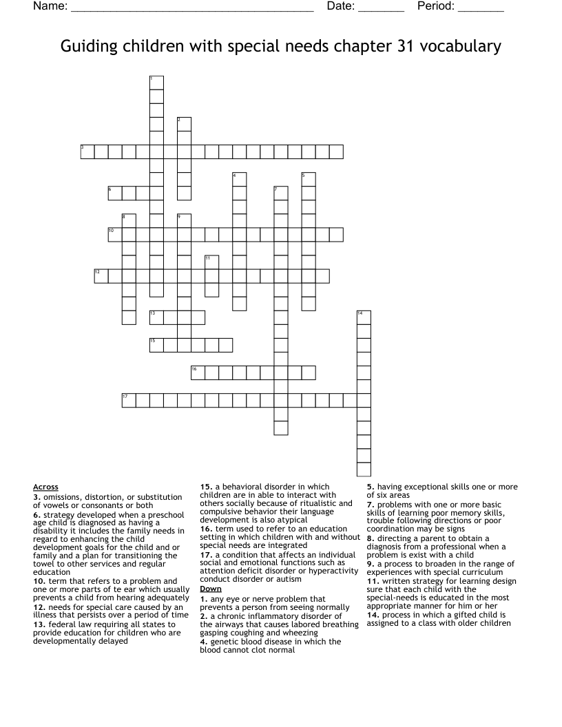 Guiding children with special needs chapter 31 vocabulary  Crossword