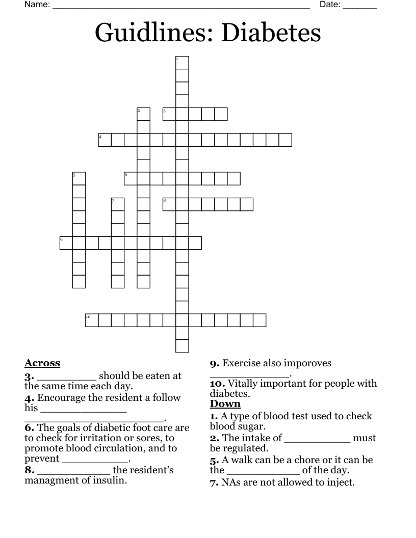 Guidlines: Diabetes Crossword