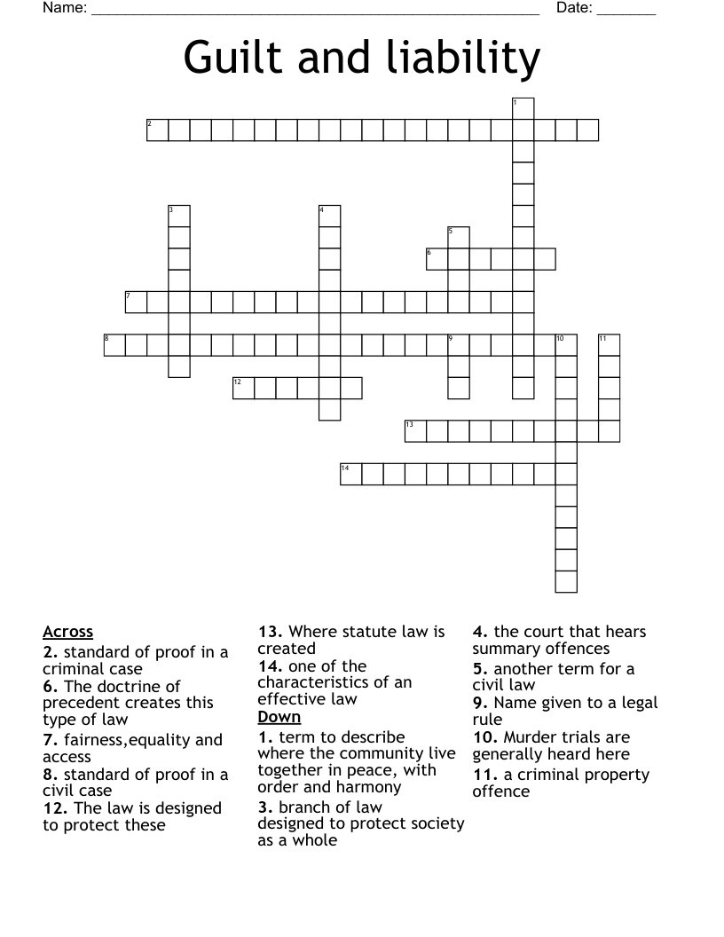 Guilt and liability Crossword
