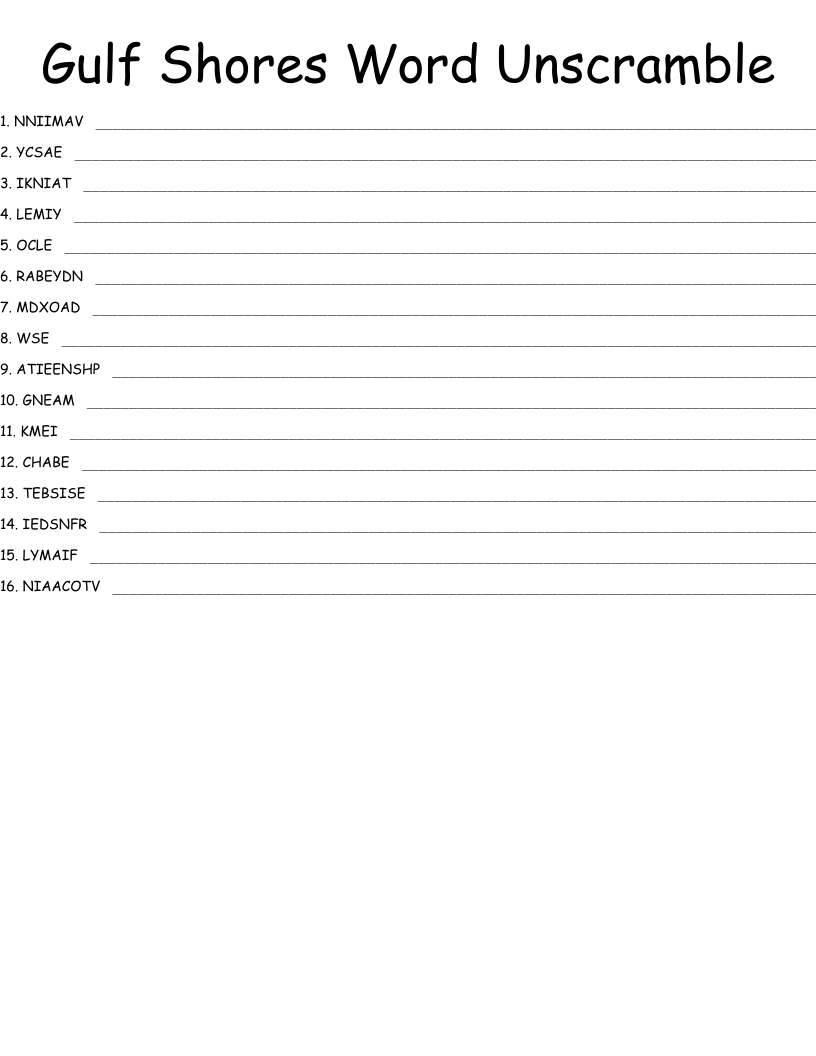 Gulf Shores Word Unscramble