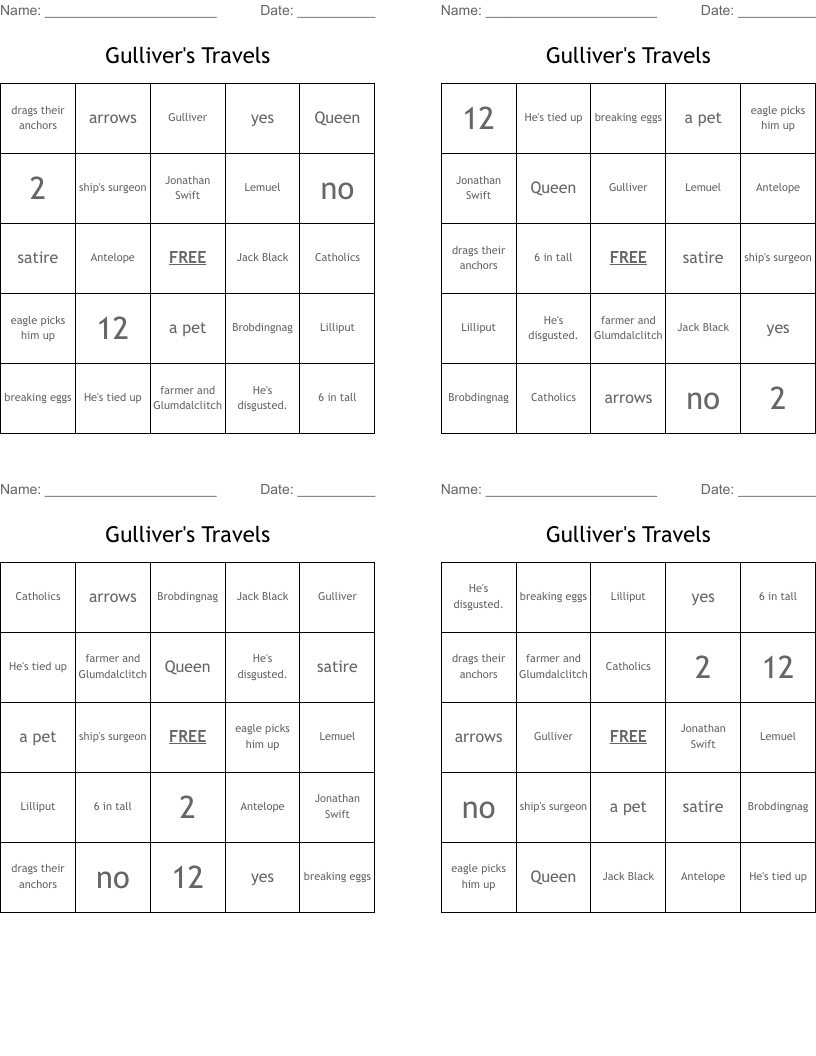 Gulliver's Travels Bingo Cards