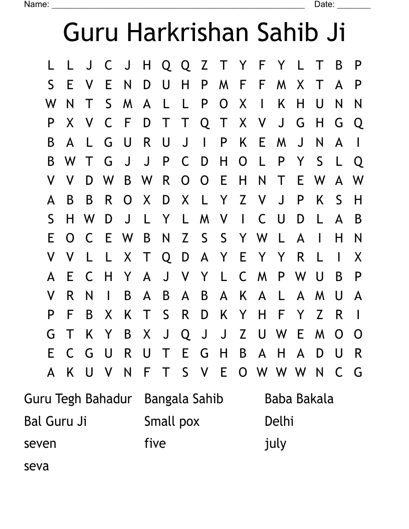 Guru Harkrishan Sahib Ji Word Search
