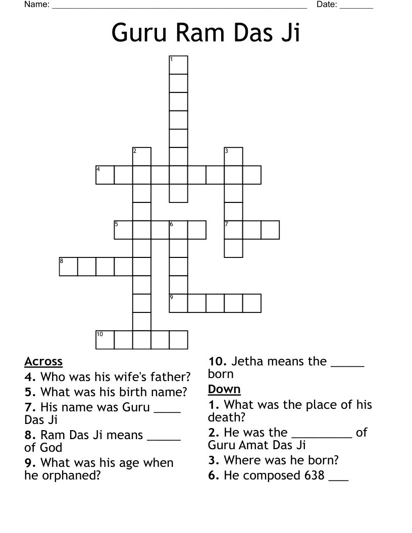 Guru Ram Das Ji Crossword
