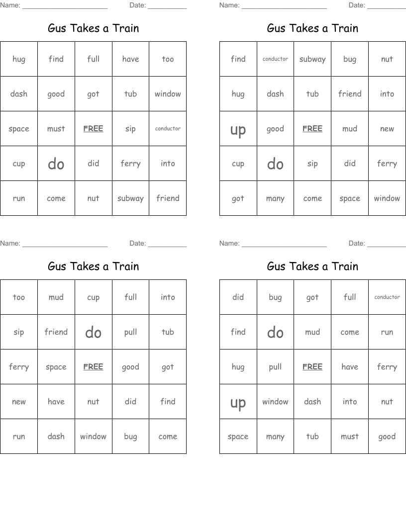Gus Takes a Train Bingo Cards